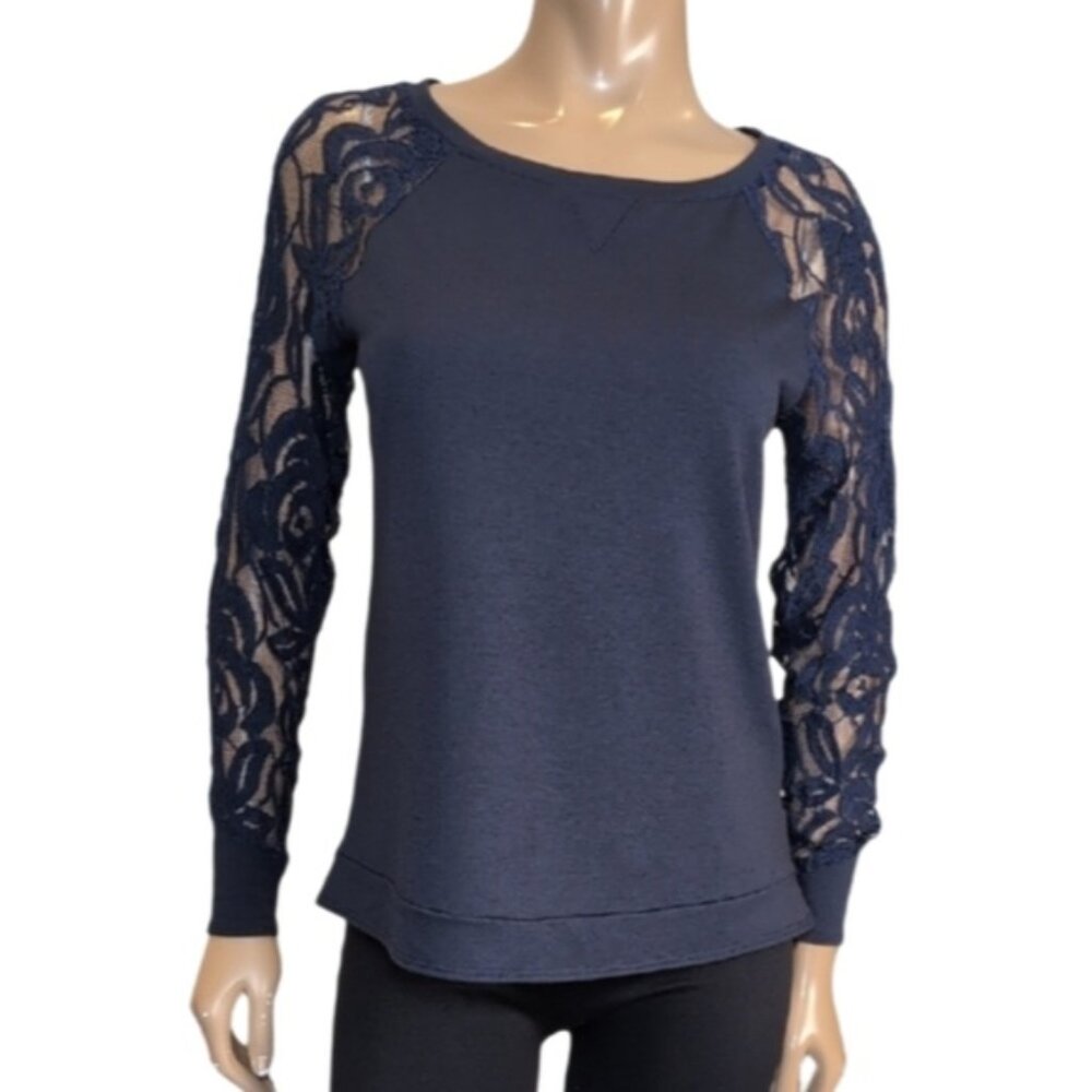 Buttons Raglan Sweater Sheer Lace Sleeves Womens Size Medium Navy Blue Top